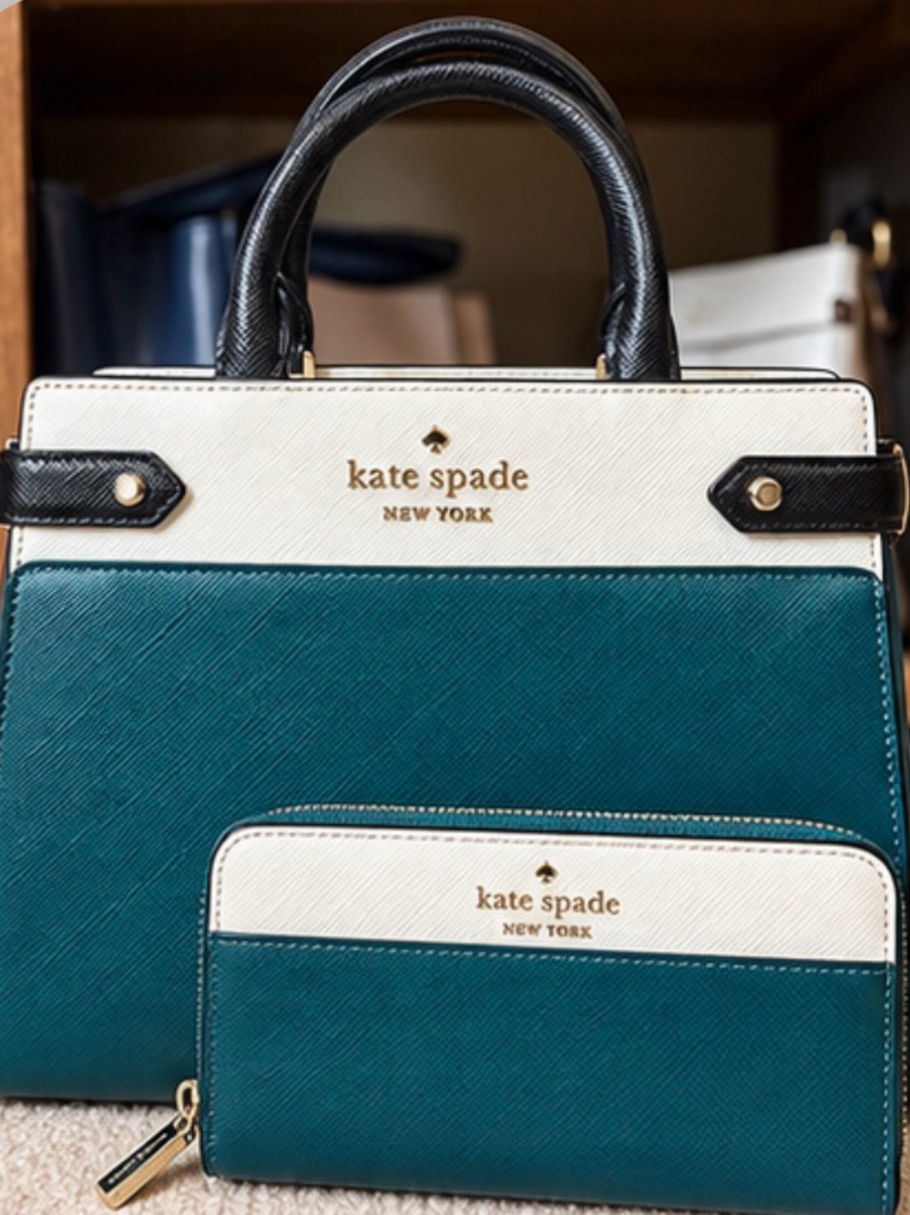 Kate Spade Purse: Teal and White Satchel with Matching Wallet